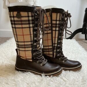 Rajar Plaid Lace Up Knee High Boots Women's Size 6.5 Brown Lined Winter
